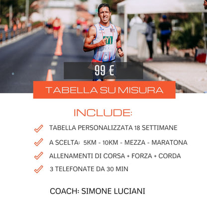 Tabella su misura e personalizzata dai 5 km alla maratona